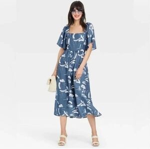 Blue Brushstroke Midi Flutter Dress